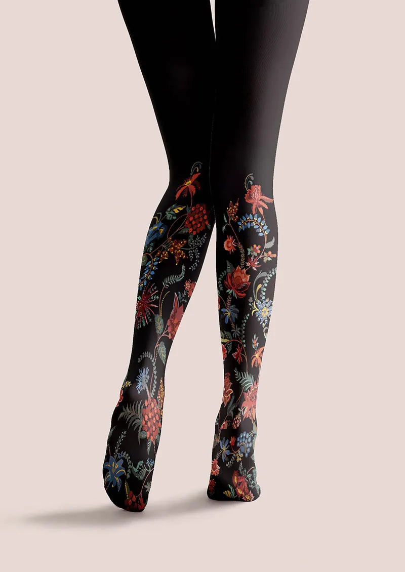 Exotic Floral Black Tights Hosiery Pantyhose