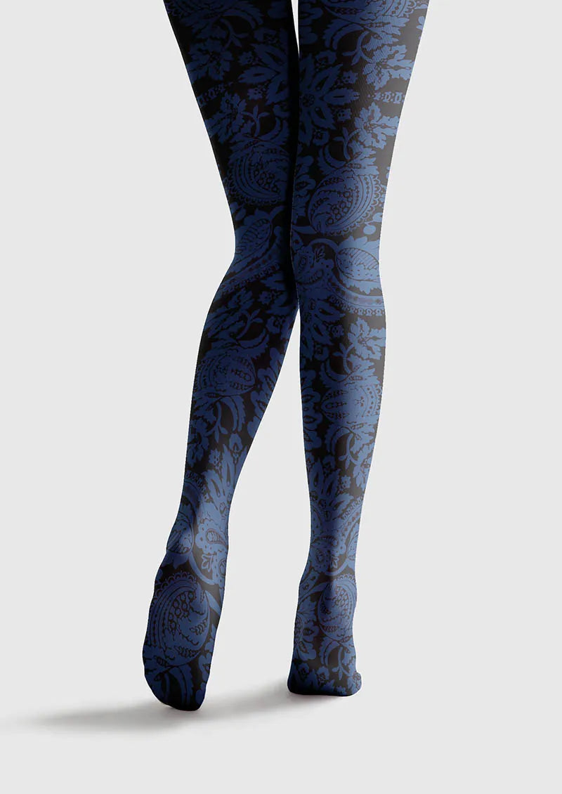 Baroque Bloom Vintage Blue Motif Tights Hosiery Pantyhose