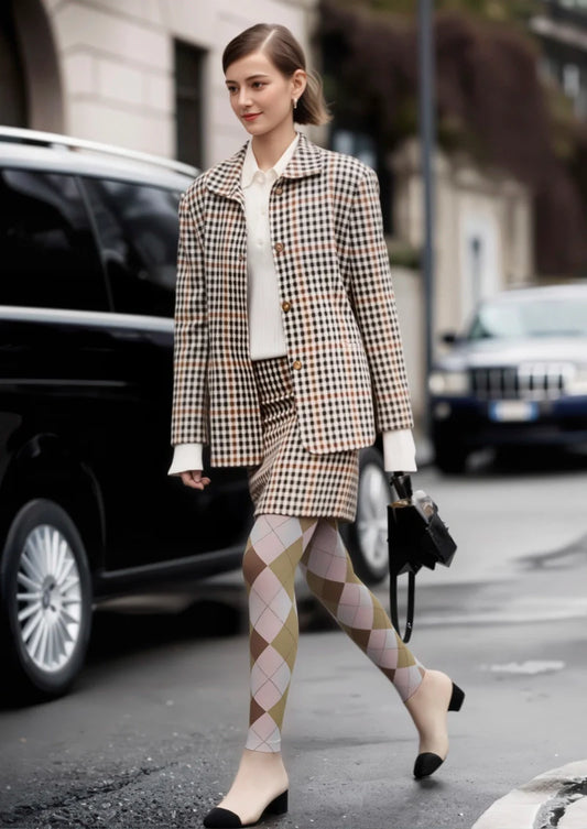 Pinkish Yellow Plaid Tights Hosiery Pantyhose