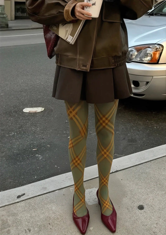 Olive green Maillard Check Tights Hosiery Pantyhose