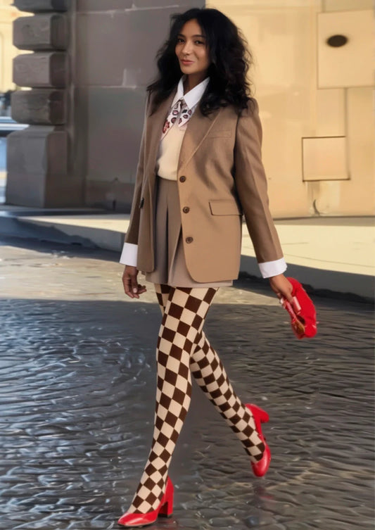 Brown-pale Yellow Checkered Tights Hosiery Pantyhose