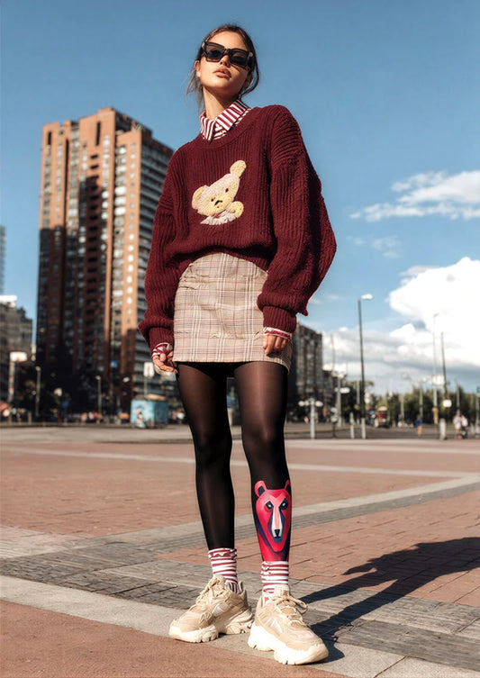 Peach Pink Bear Tights Hosiery Pantyhose