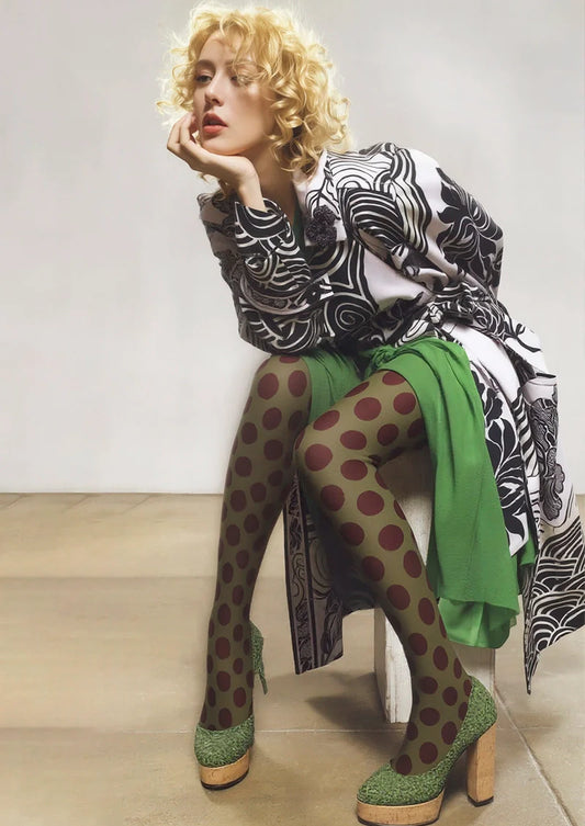 Olive Green-Summer Tan Morandi Polka Dots Tights Hosiery Pantyhose