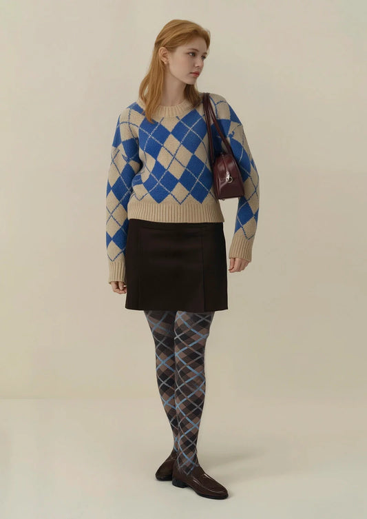 Brown Blue Check College Tights Hosiery Pantyhose