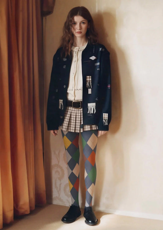 Gray-toned Plaid Tights Hosiery Pantyhose