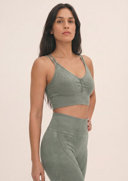 Sage Green Mineral Wash Seamless Leggings & Bra Set