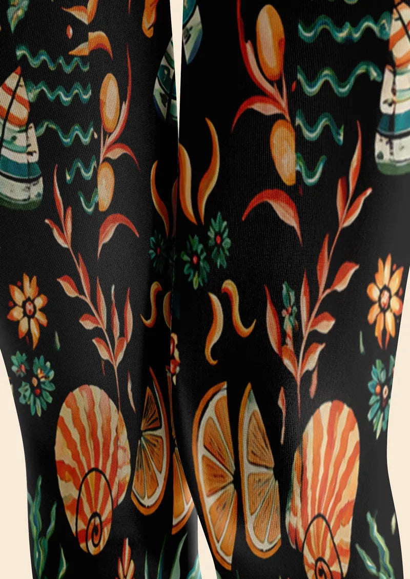 Black Seashell Botanical Print Tights Hosiery Pantyhose