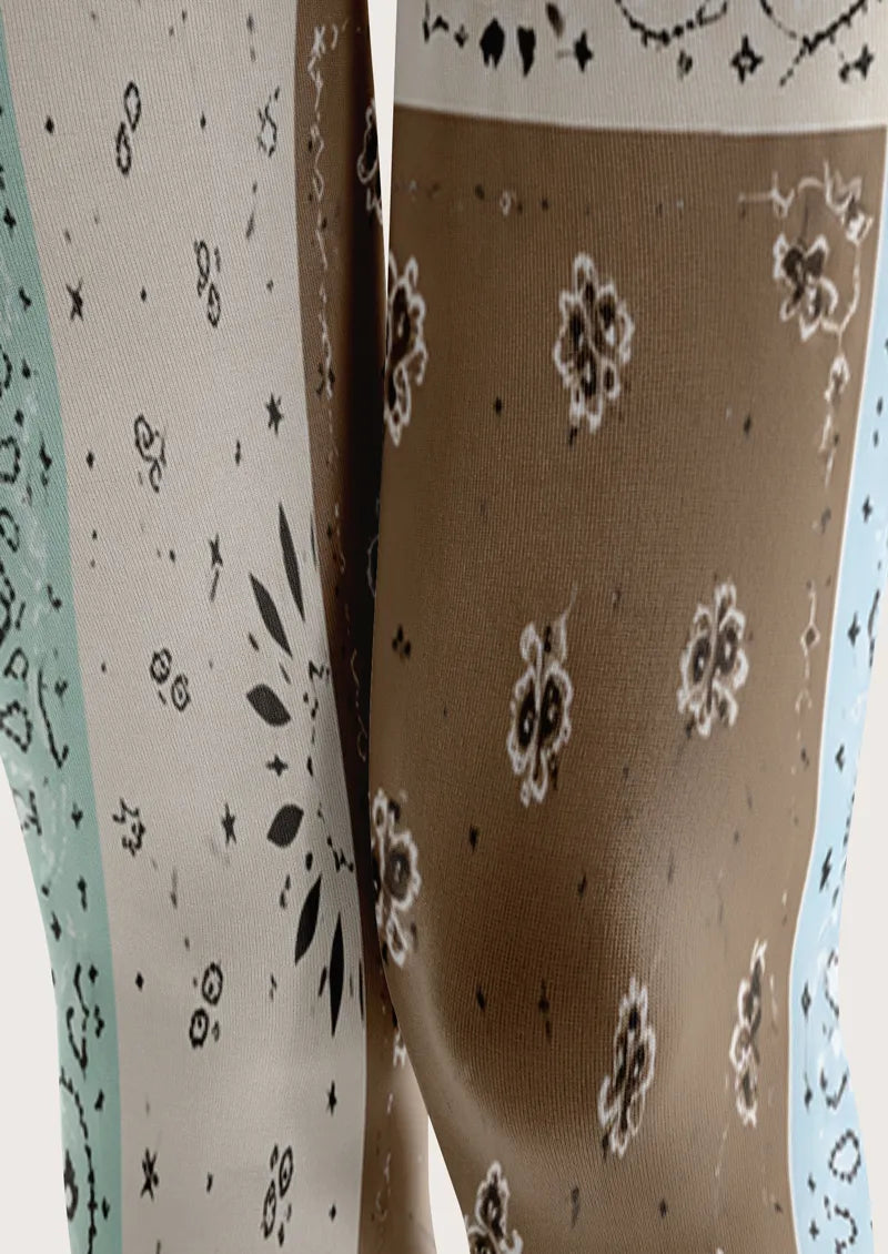 Blue Brown Patchwork Paisley Print Tights Hosiery Pantyhose