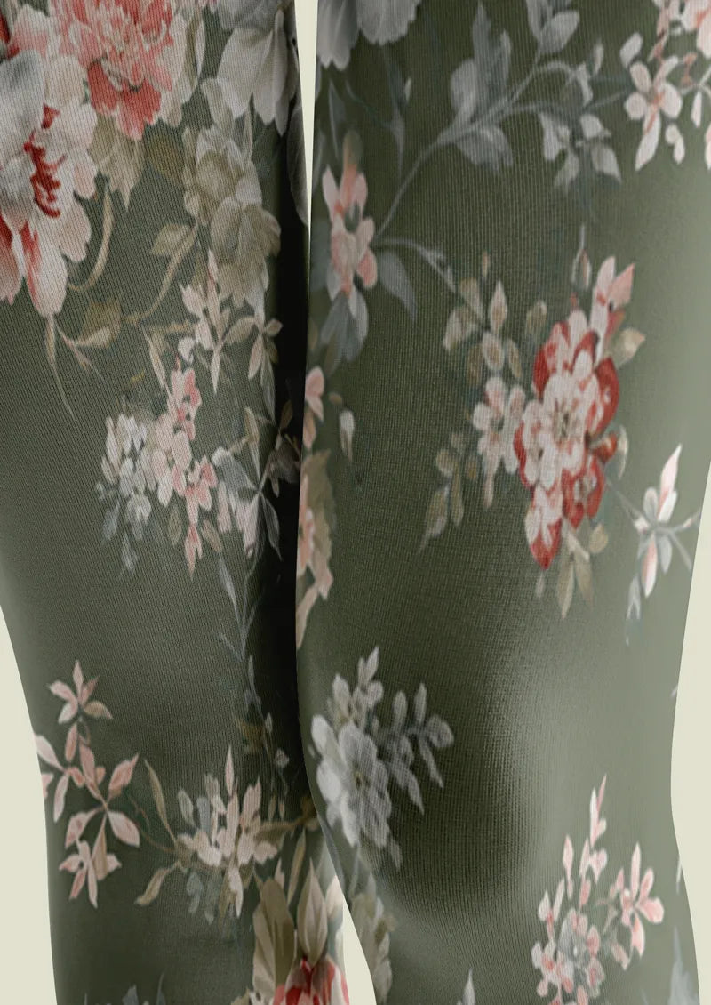 Olive Green Vintage Rose Floral Print Tights Hosiery Pantyhose