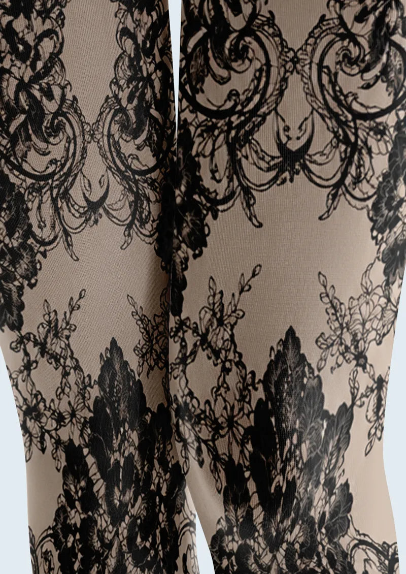 Black Ornamental Baroque Floral Print Tights Hosiery Pantyhose