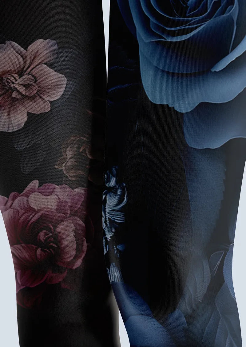 Dark Two-Tone Split Floral Print Tights Hosiery Pantyhose