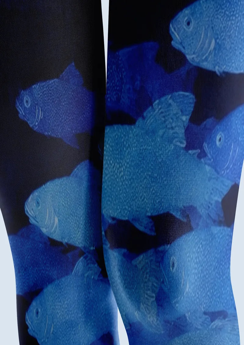 Navy Blue School of Fish Art Print Tights Hosiery Pantyhose