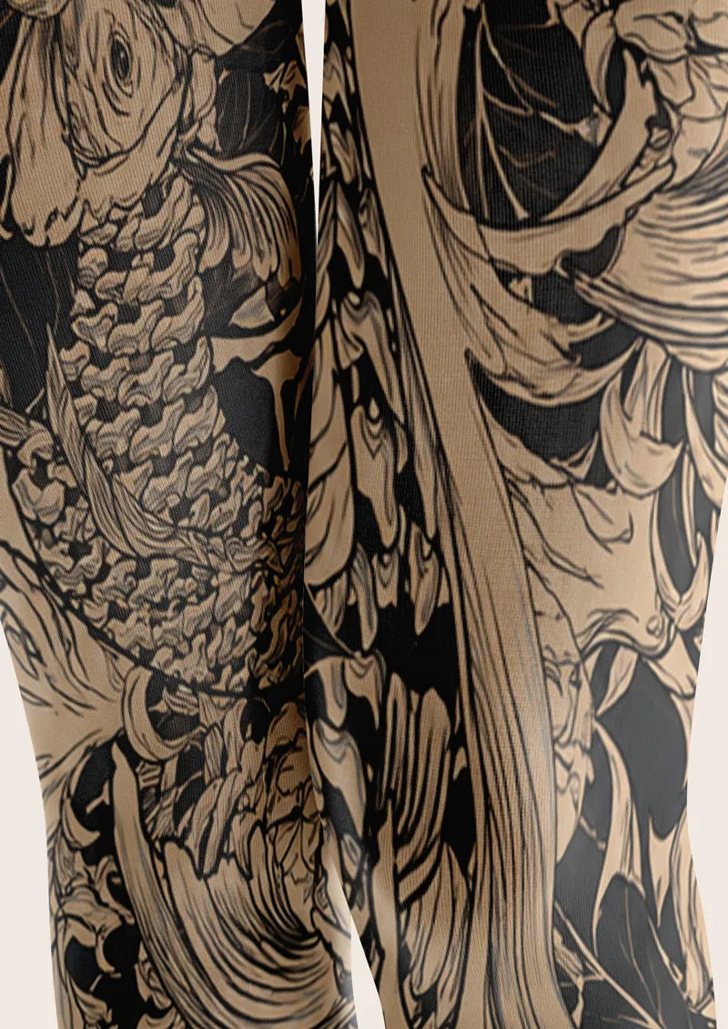 Monochrome Koi and Lotus Art Print Tights Hosiery Pantyhose