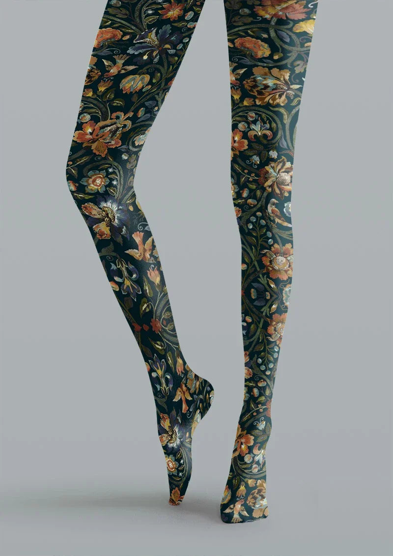 Boho Ethnic Floral Blue Tights Hosiery Pantyhose