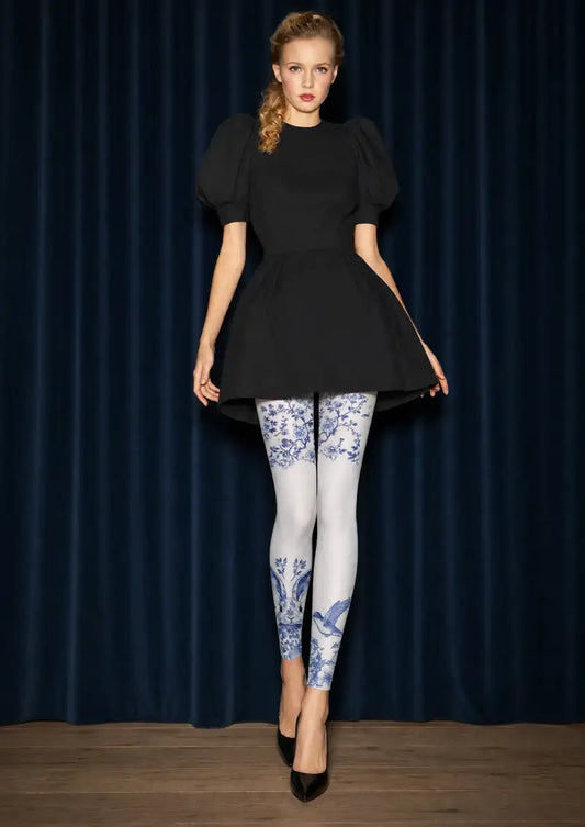 Blue Porcelain Floral Rabbit Pattern Footless Tights Hosiery Leggings