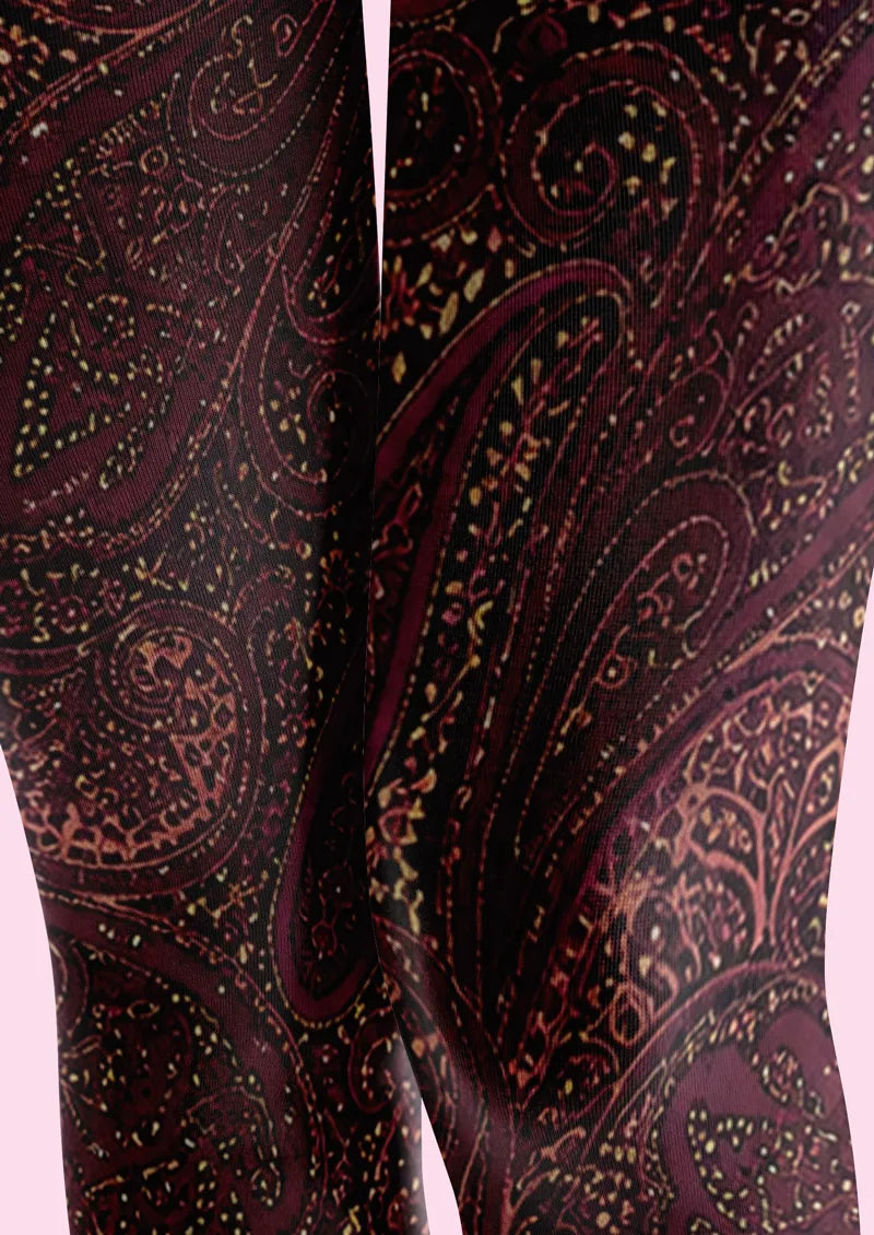 Purple Red Paisley Print Capri Tights Hosiery Pantyhose
