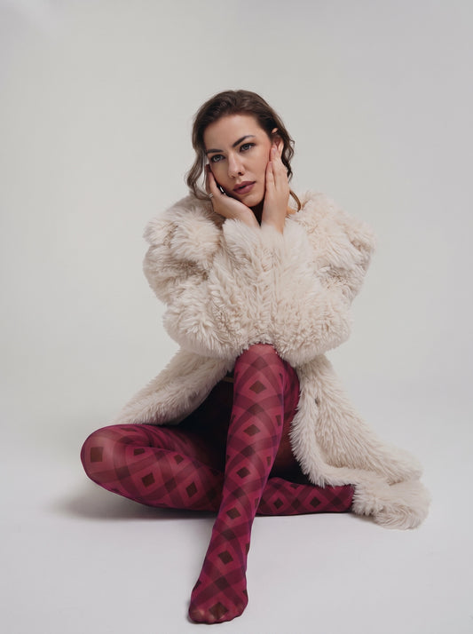 Burgundy Argyle Checkered Pattern Tights Hosiery Pantyhose
