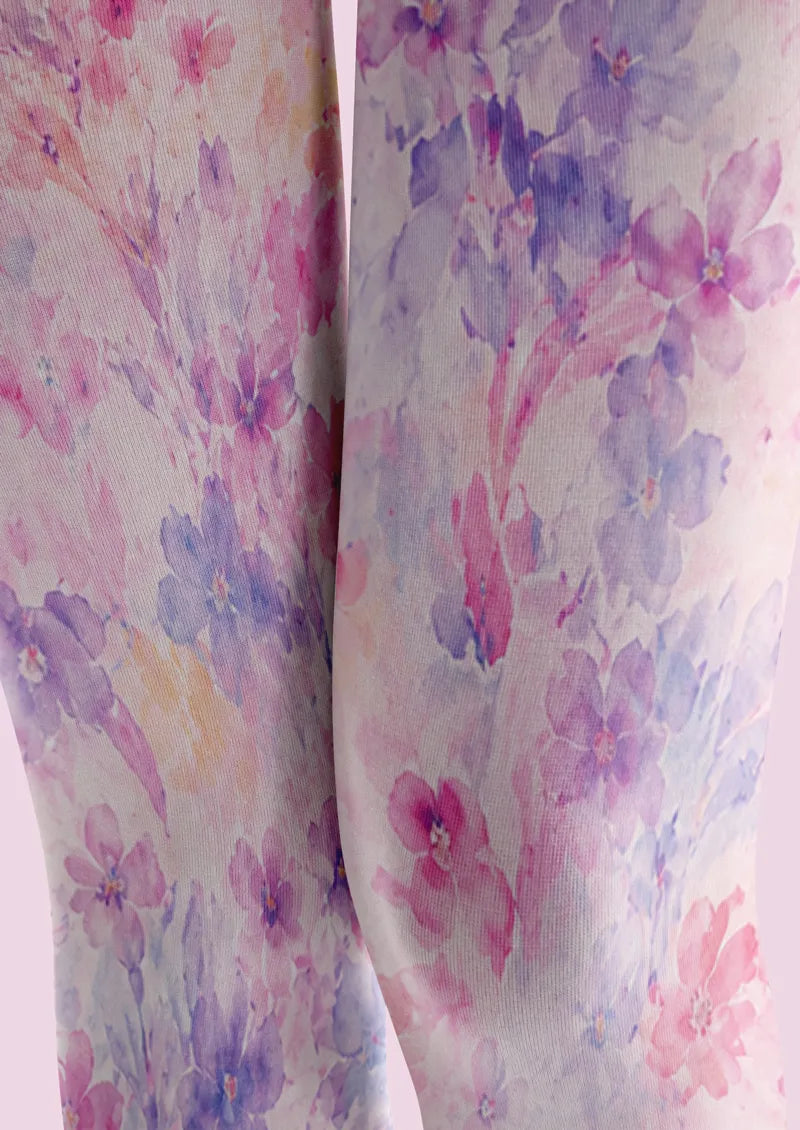 Pastel Watercolor Floral Print Footless Tights Hosiery Leggings