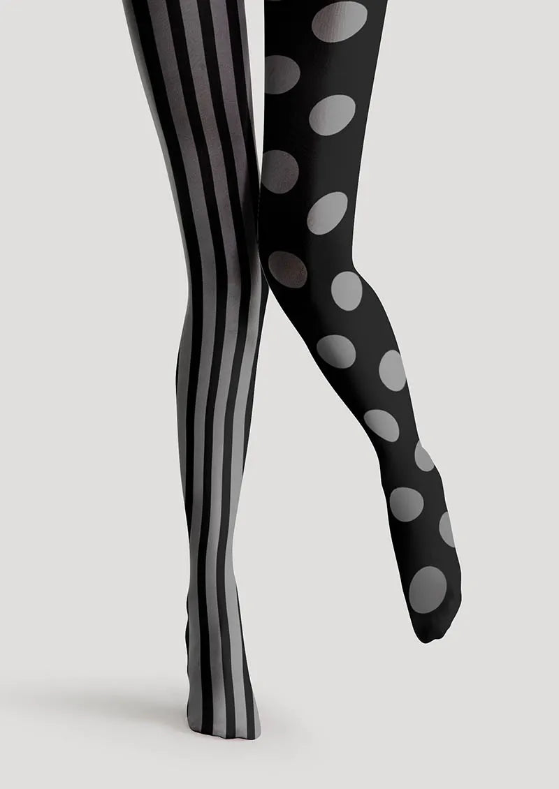 Black-Grey Stripe Dot Tights Hosiery Pantyhose