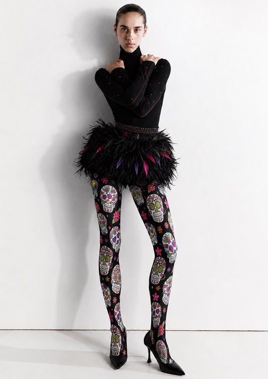 Black Sugar Skull Floral Tights Hosiery Pantyhose