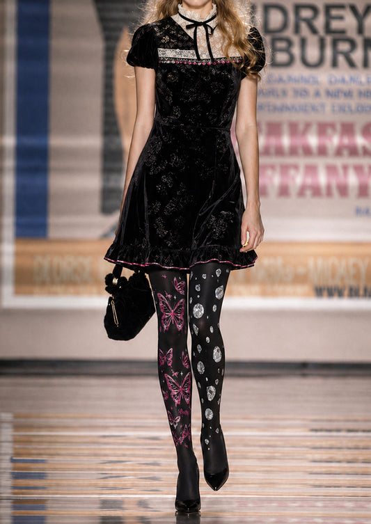 Black Butterfly & Diamond Asymmetric Print Tights Hosiery Pantyhose