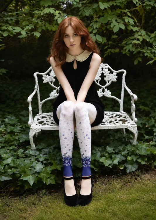 Blue Floral Border Footless Tights Hosiery Leggings