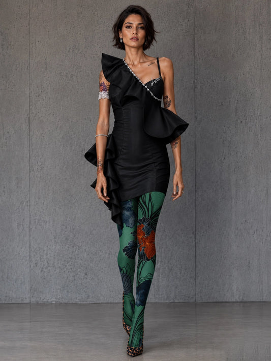 Green Botanical Floral Print Tights Hosiery Pantyhose