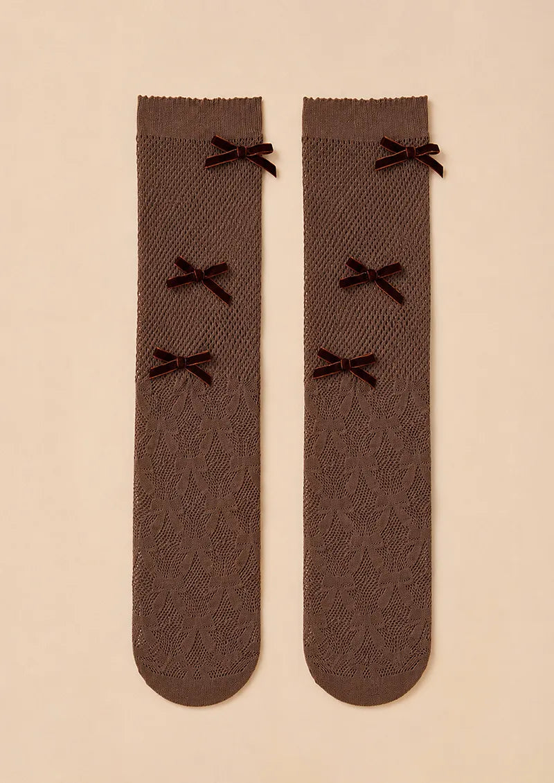 Mocha Bow Lace Mesh Knee-High Socks