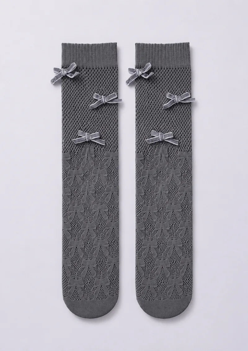 Charcoal Bow Lace Mesh Knee-High Socks