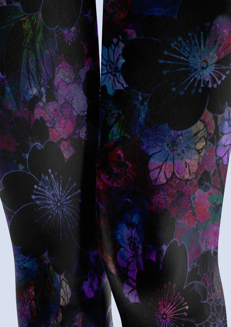 Black Purple Floral Collage Tights