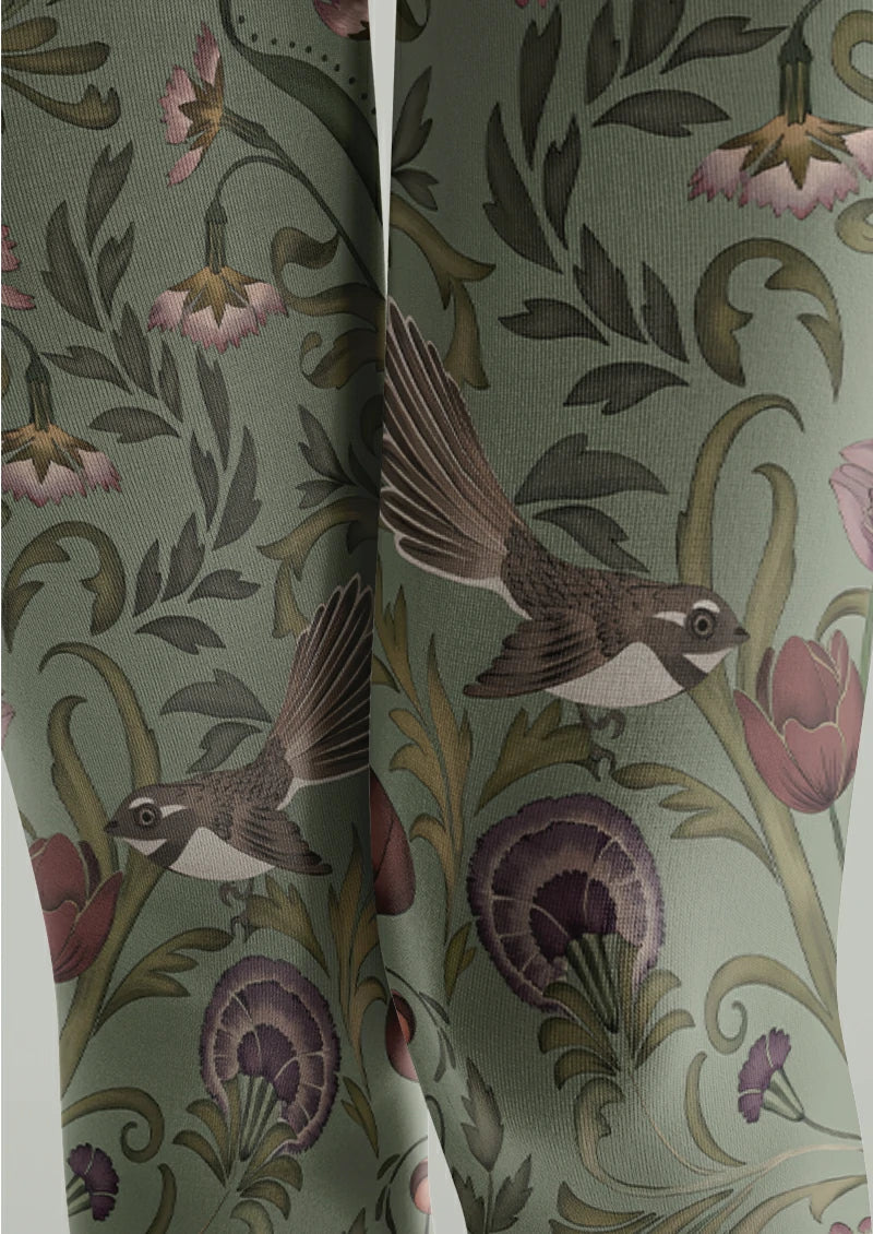 Green Bird and Floral Tights