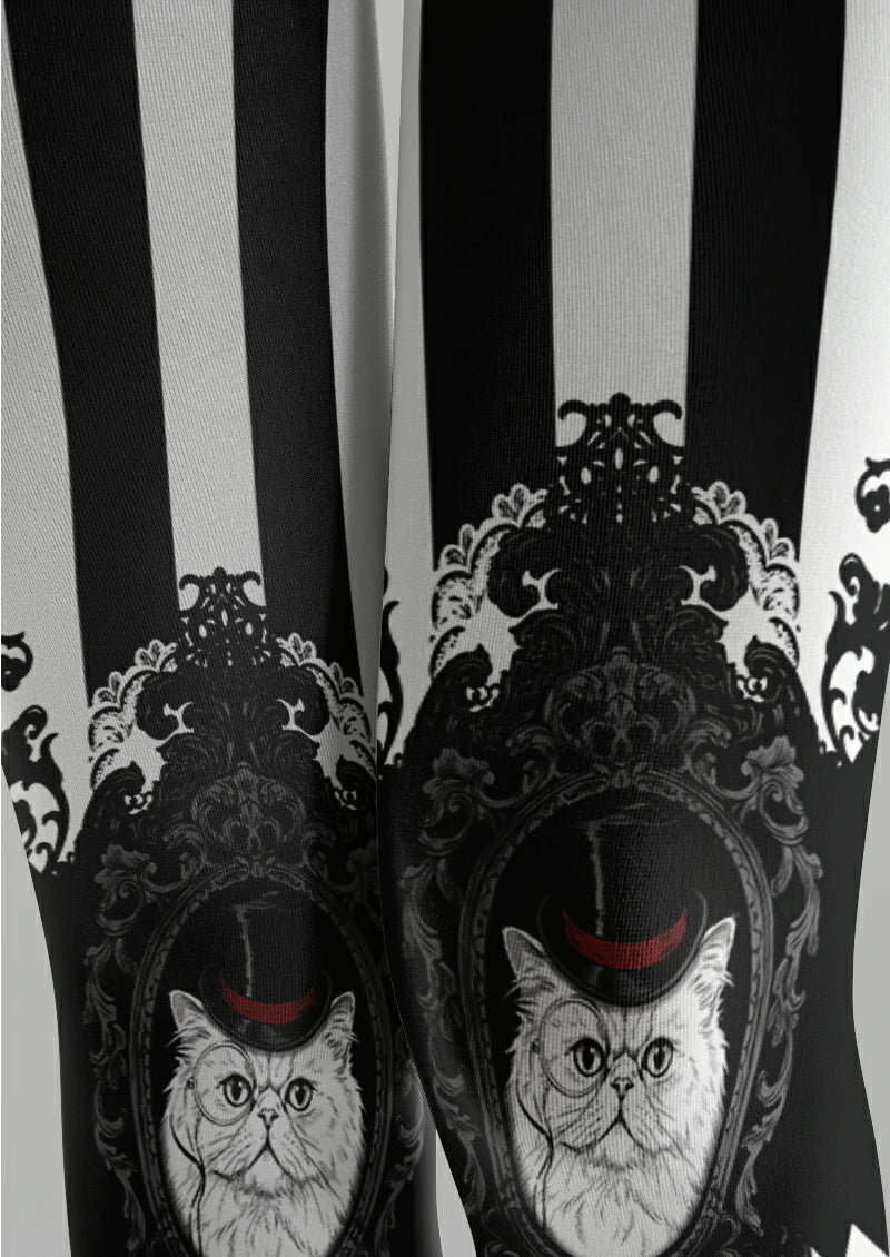 White Cat Portrait Stripe Tights