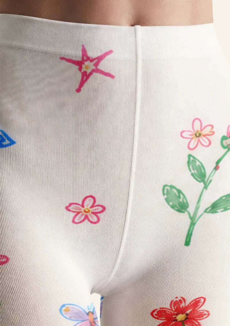 White Crayon Floral Doodle Tights