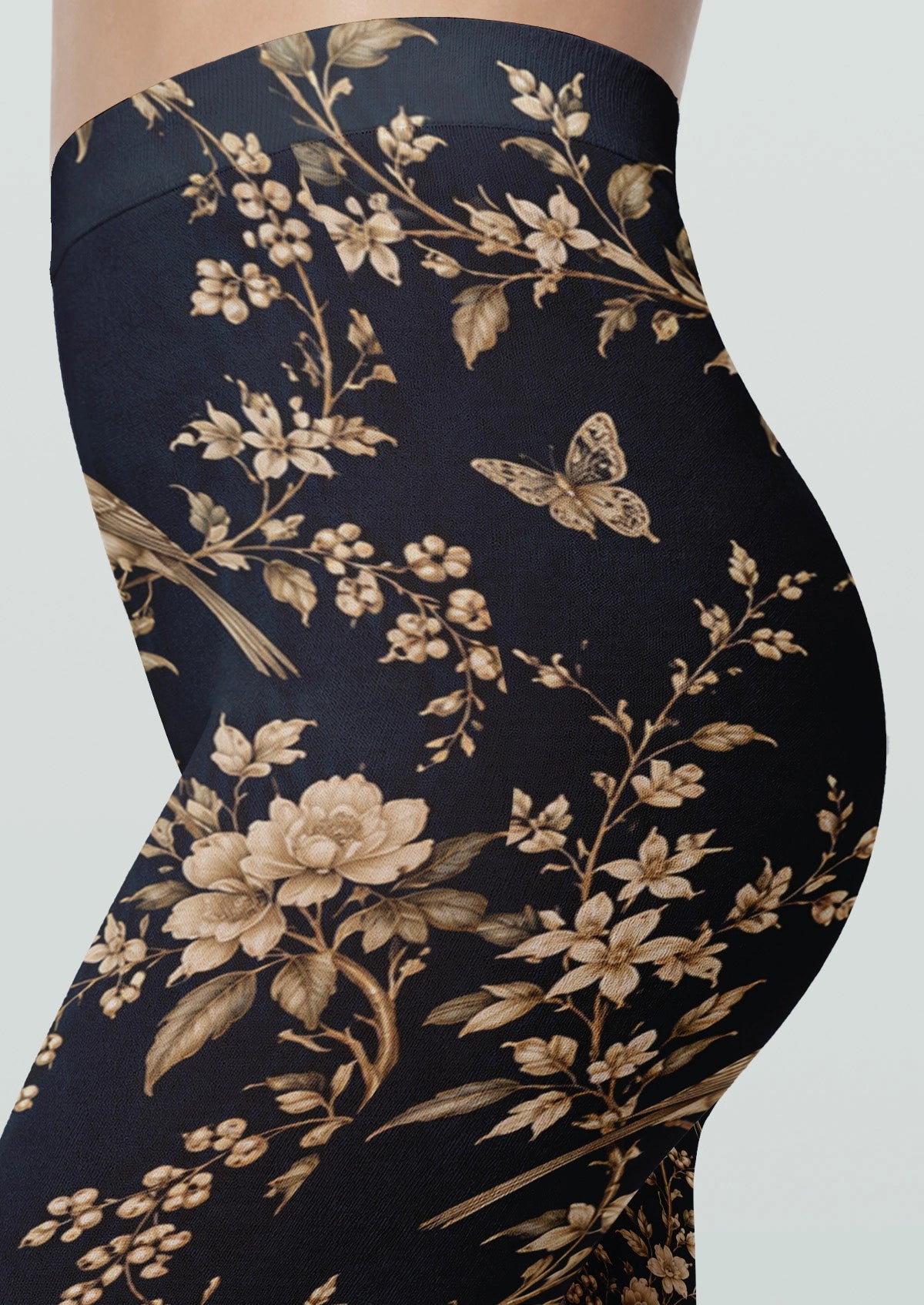 Black Swallows And Flowers Tights