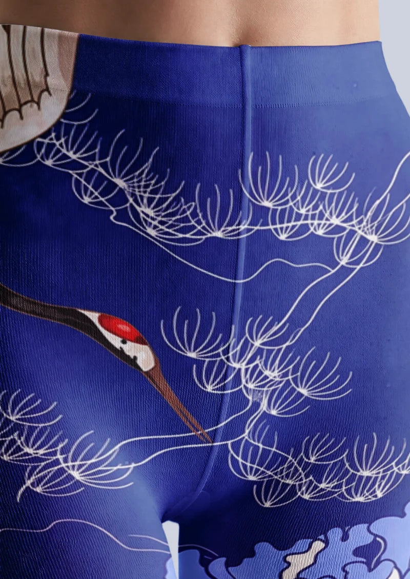 Navy Crane Floral Tights