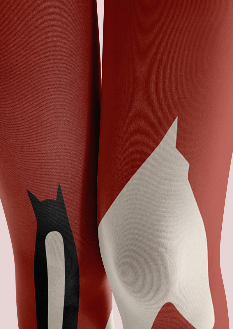 Red Black Abstract Cat Tights Hosiery Pantyhose