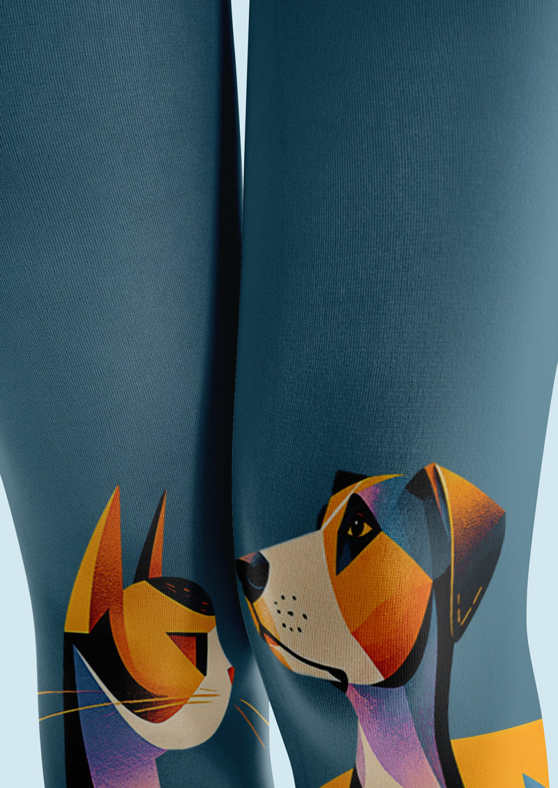 Blue Geometric Cat & Dog Art Tights Hosiery Pantyhose