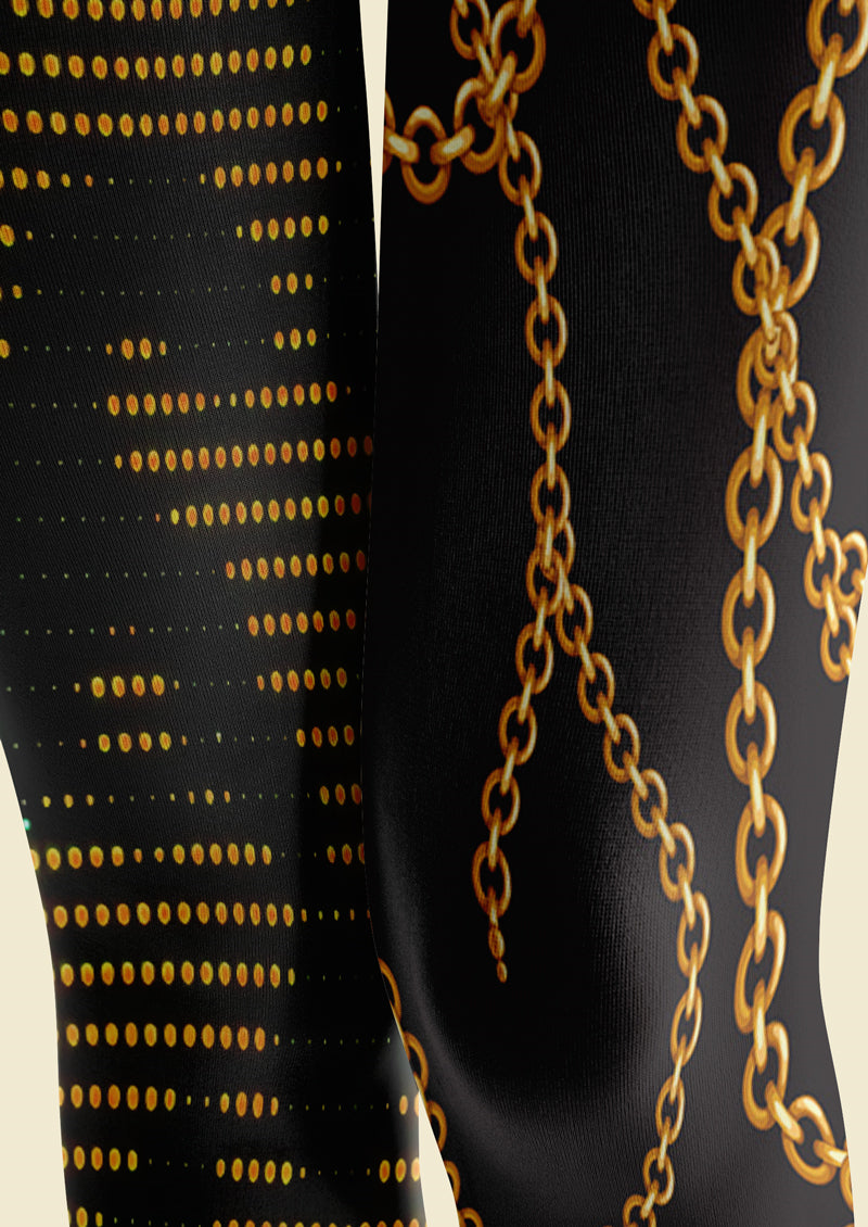 Black Gold Chain & Dot Asymmetric Print Tights Hosiery Pantyhose