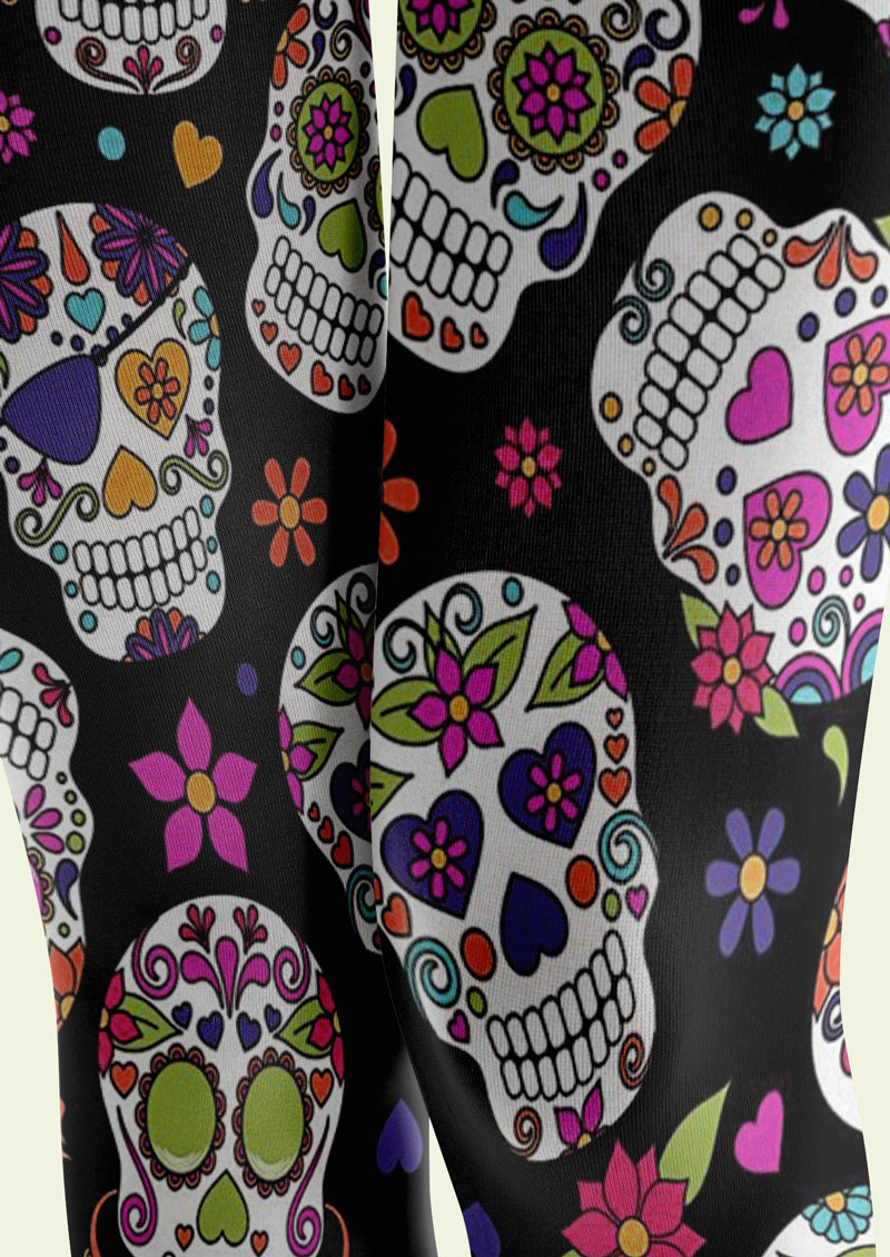 Black Sugar Skull Floral Tights Hosiery Pantyhose