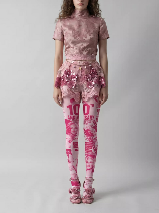 Pink vintage Hollywood poster collage graphic print Tights Hosiery Pantyhose