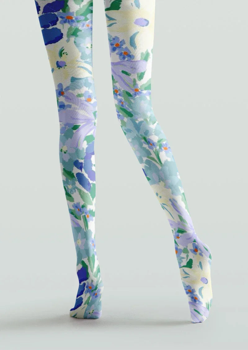 Watercolor Blue Floral Tights Hosiery Pantyhose
