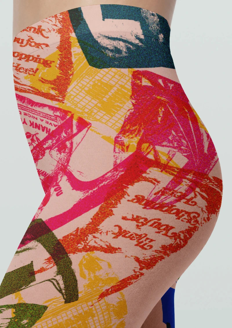 Beige Graphic Collage Tights