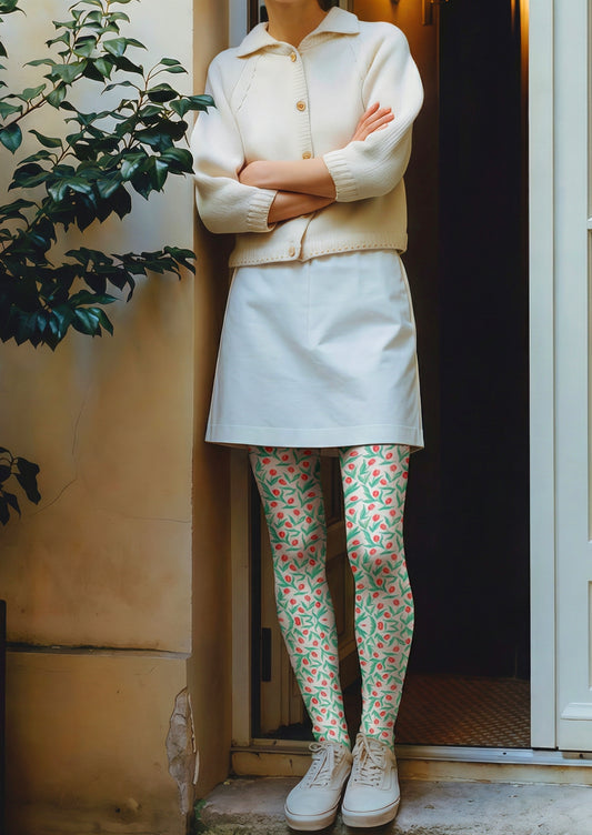 White Pink Floral Tights Hosiery Pantyhose