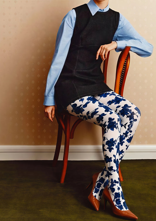 White Blue Rose Tights Hosiery Pantyhose