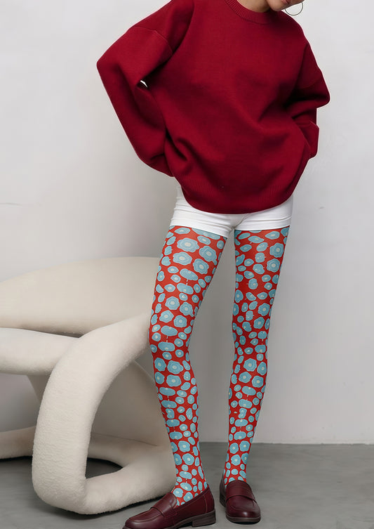 Red Blue Floral Tights Hosiery Pantyhose