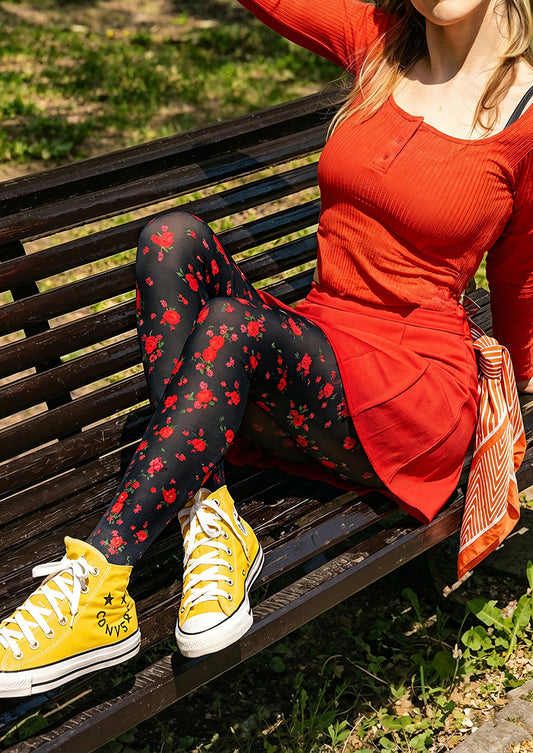 Black Red Rose Tights Hosiery Pantyhose
