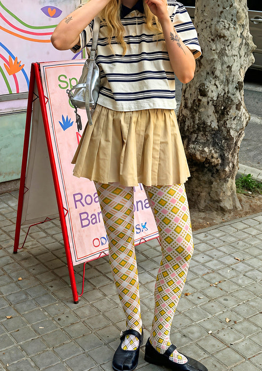 Pink Yellow Diamond Plaid Tights Hosiery Pantyhose