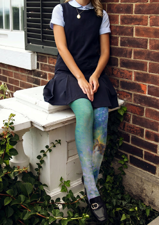 Green Meadow Cat Floral Tights Hosiery Pantyhose