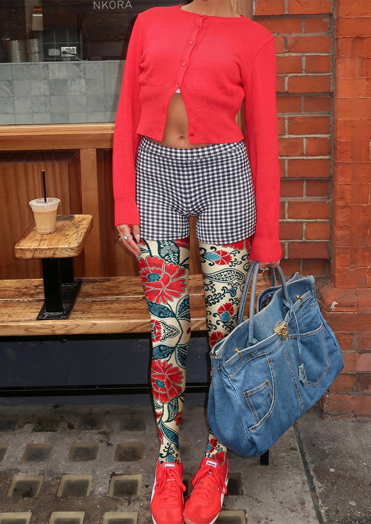 White Red Peony Vintage Tights Hosiery Pantyhose