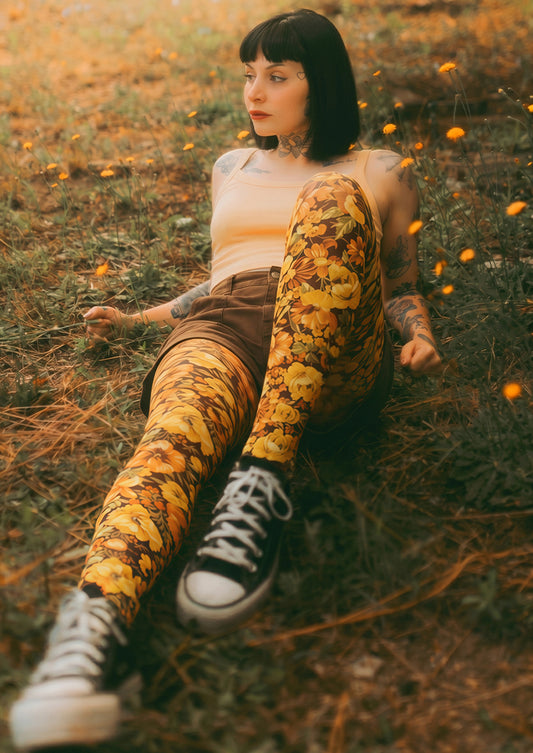 Brown Vintage Yellow Floral Tights Hosiery Pantyhose